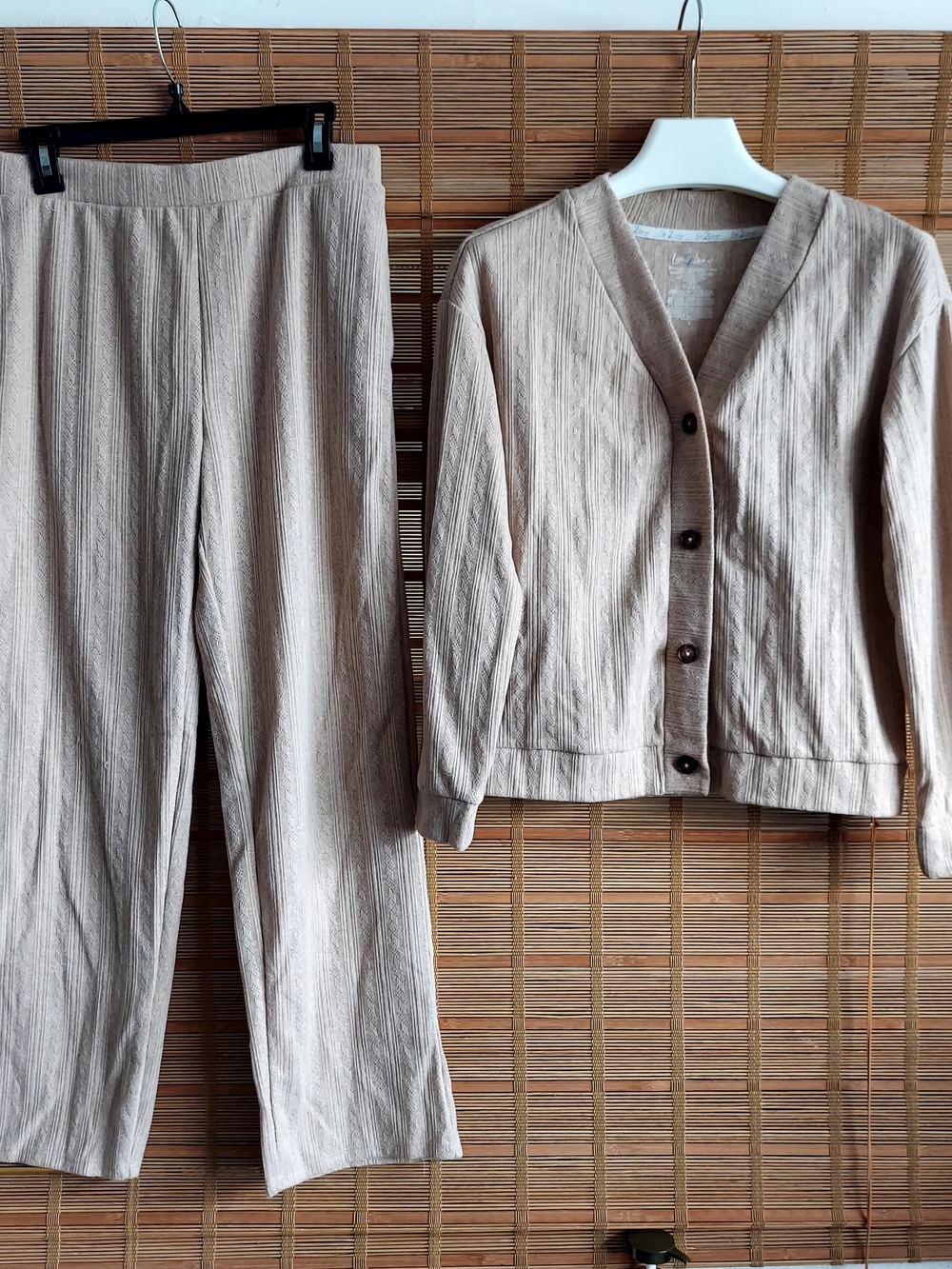 Relaxed Wide-Leg Pants with Matching Button Cardigan in Light Beige